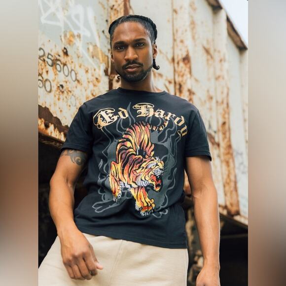 Ed Hardy Men’s T Shirt Tee Crawling Tiger Rhinestone Black Gold XL